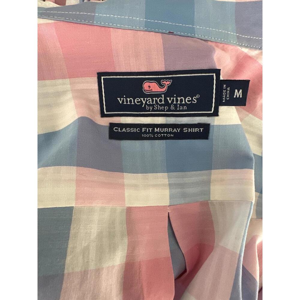 Upcycled Vineyard Vines Pastel Pink and Blue Plaid Button-Up with Ruffled Collar - Picture 7 of 8